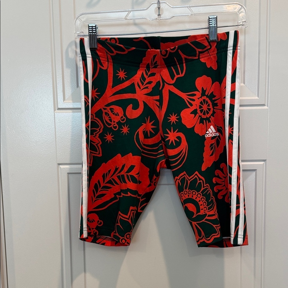 adidas Green biker shorts with orange Floral Print and White Stripes